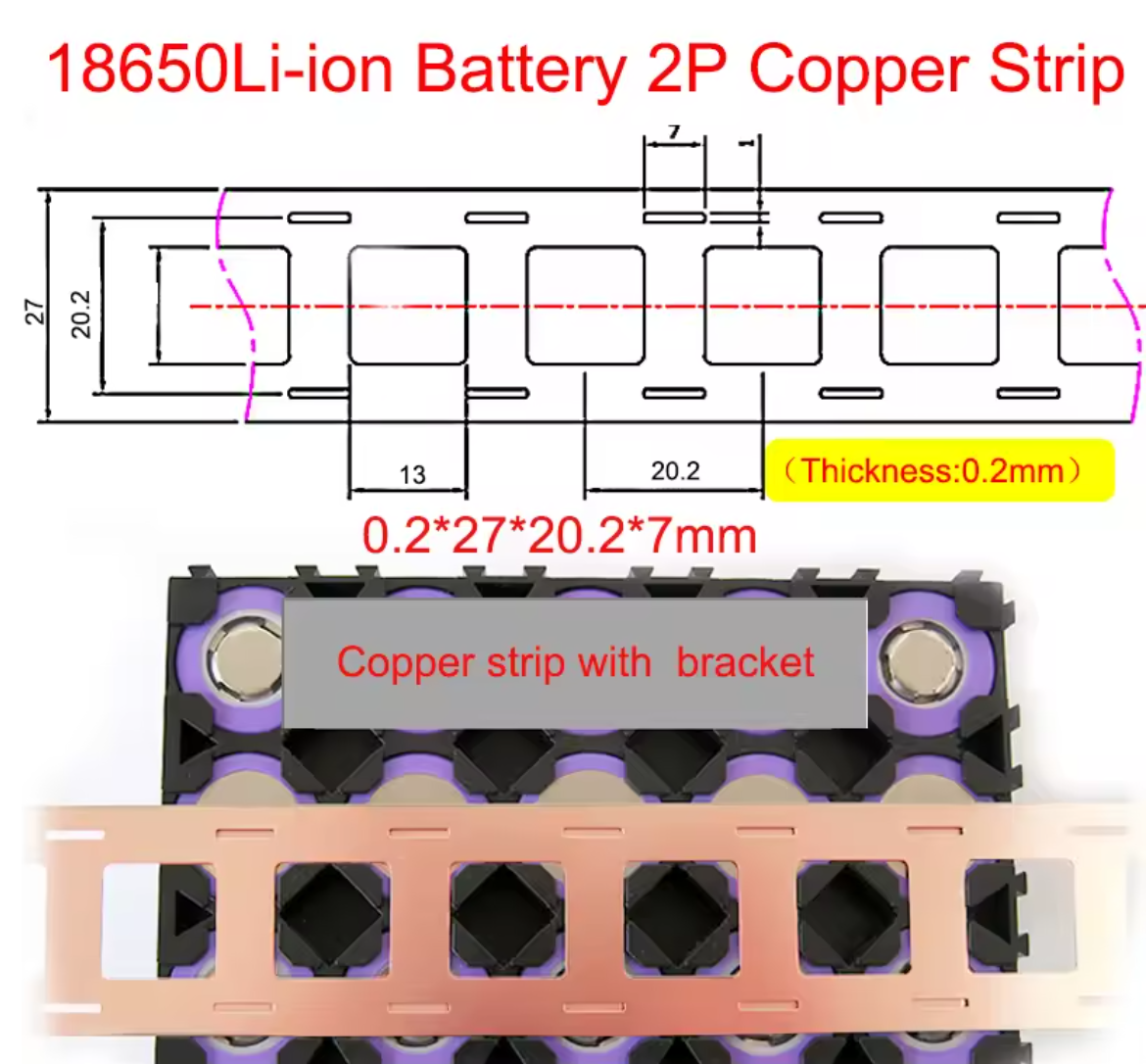 Copper Cell Welding Tabs, 0.2mm x 7mm, 20.2mm cell spacing for 18650 cell spacers, 6 terminals per.