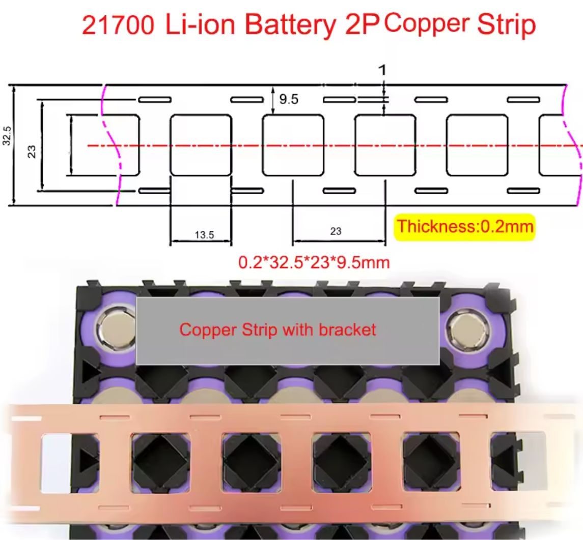 Copper Cell Welding Tabs, 0.2mm x 9mm, 23mm cell spacing for 21700 cell spacers, 6 terminals per.